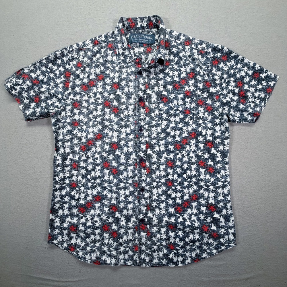 Straight Faded Button Down Mens L Good Navy Red White Floral Starburst Cotton